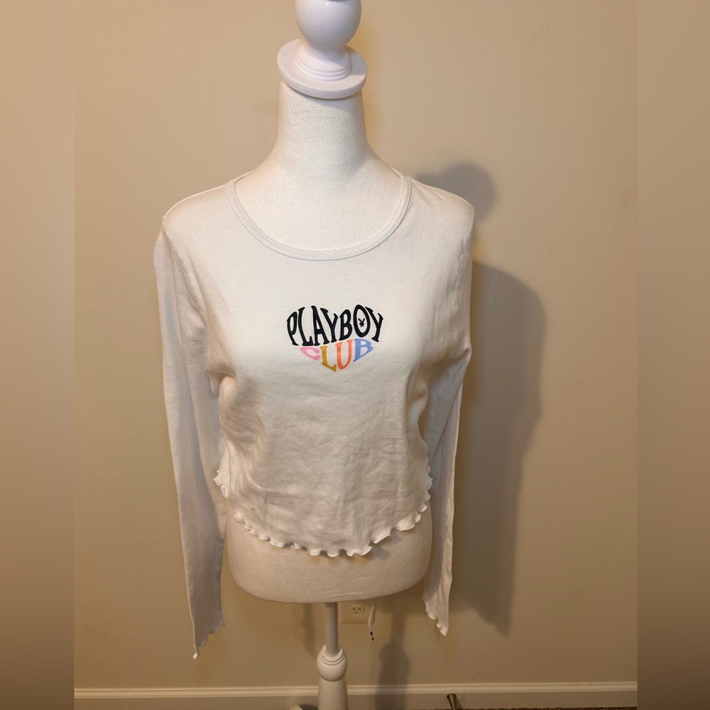 PLAYBOY White Long Sleeve Top with Colorful Logo Size Large